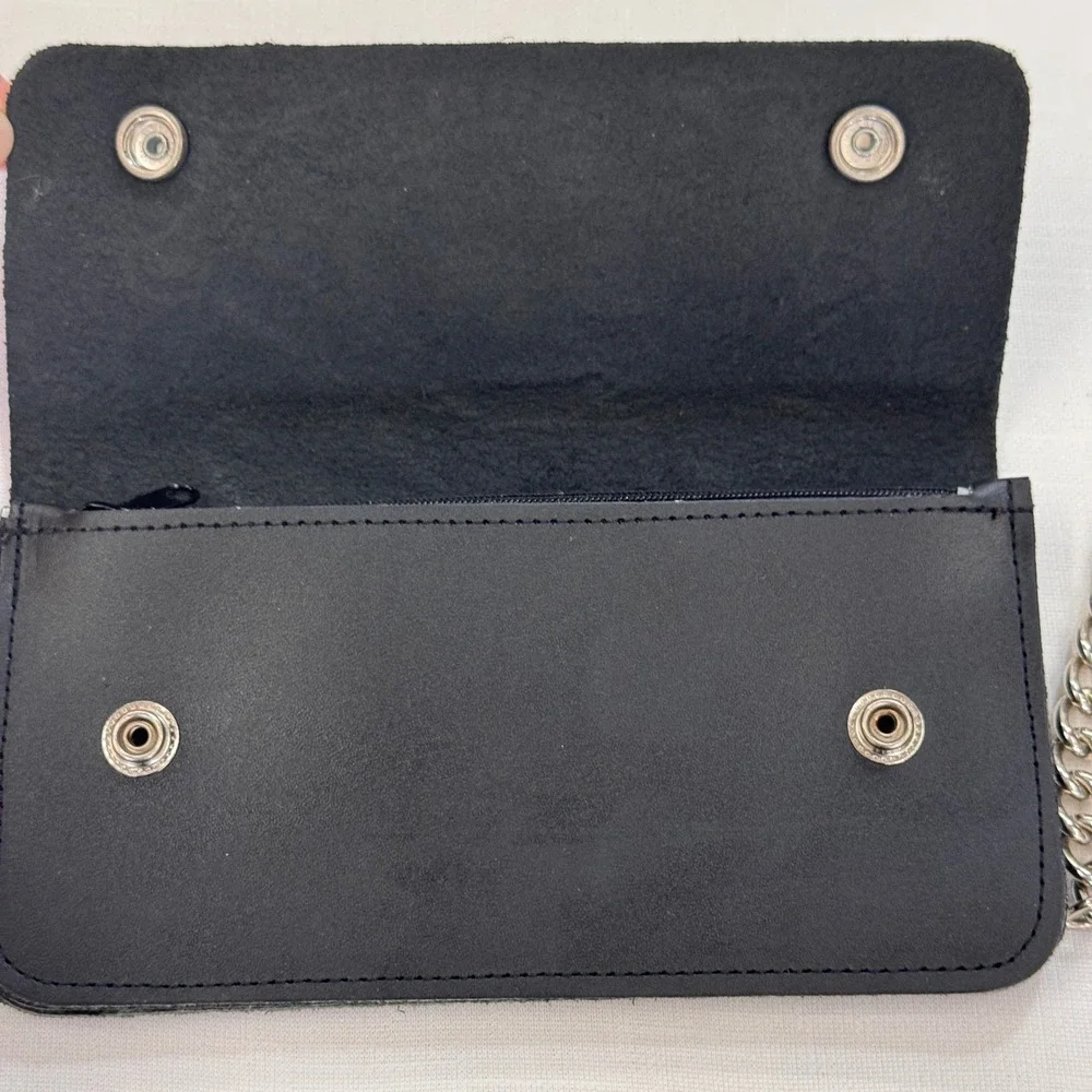 Mens Black Leather Biker Trucker Wallet Embossed Eagle Chain Made in USA